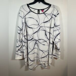 Vince Camuto Abstract Print Long Sleeve Blouse 3X White Black Top
